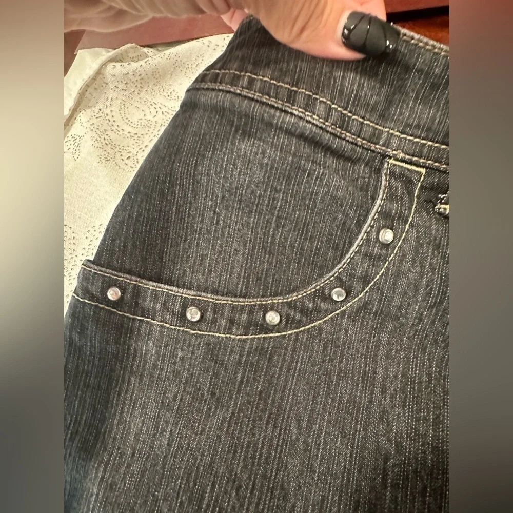French Cuff Denim Mini Skirt Dark Wash Rhinestone Embellished Pleated Hem